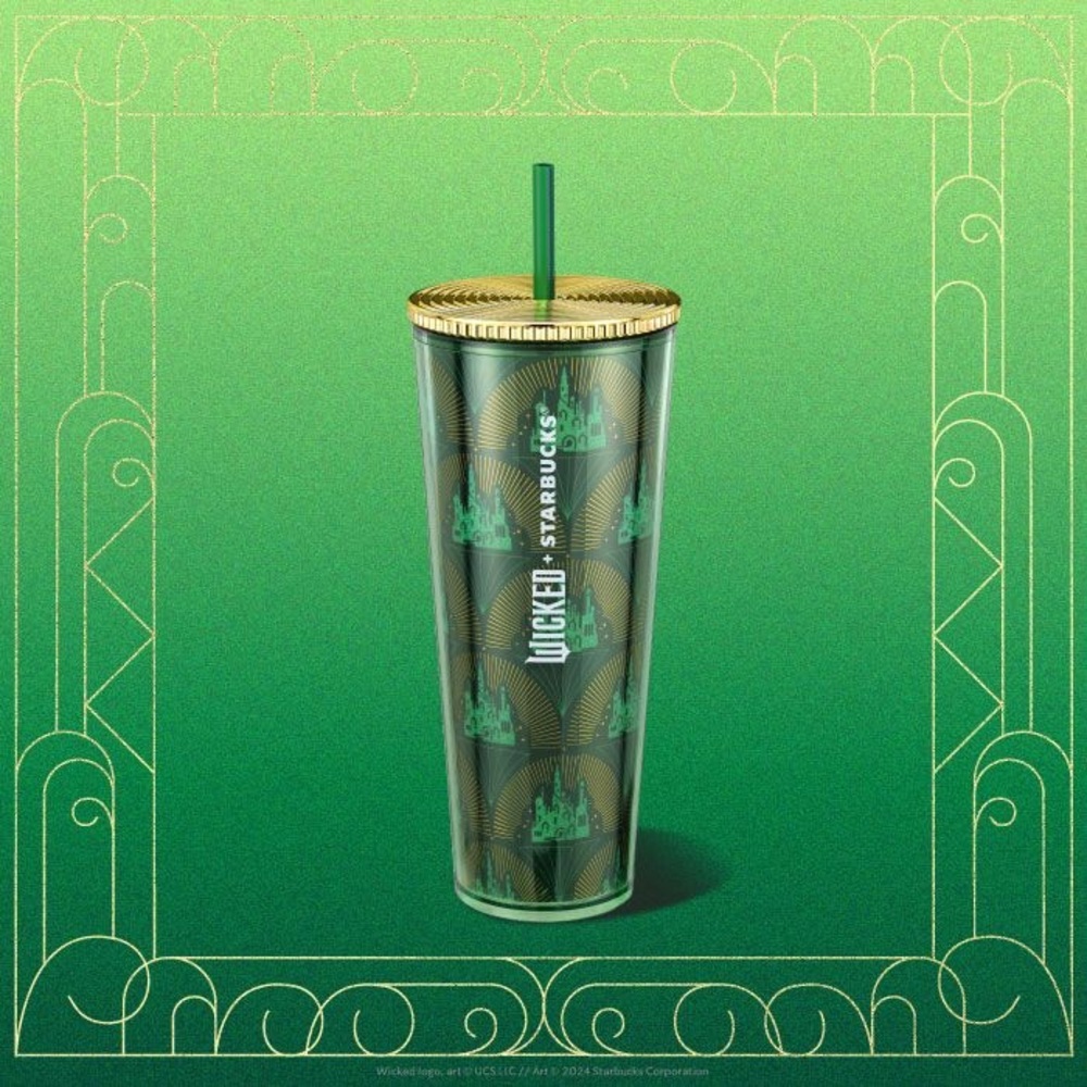 🆕 Starbucks Wicked | Emerald City Printed 24oz Cold Cup with Gold Lid and Straw